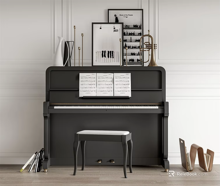 Black Piano and Art Supplies Setup with Sheet Music Stool and Wooden Easels 3d model 