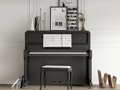 Black Piano and Art Supplies Setup with Sheet Music Stool and Wooden Easels 3d model