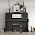Black Piano and Art Supplies Setup with Sheet Music Stool and Wooden Easels