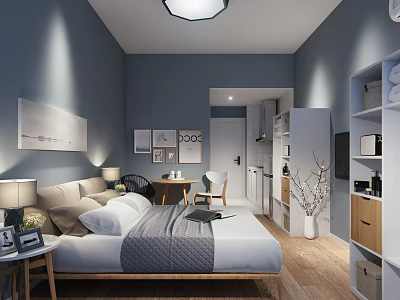 Cozy Blue Wall Apartment Featuring Bed Table Lamp Wall Art Open Kitchen And Wooden Flooring 3d model