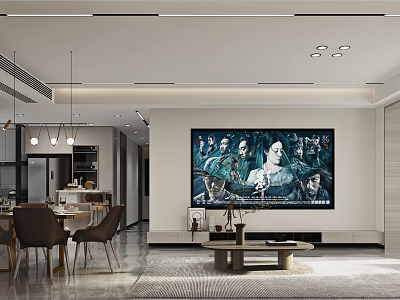 Modern Dining and Living Room Interior Design With TV Wall Dining Table and Pendant Lights 3d model