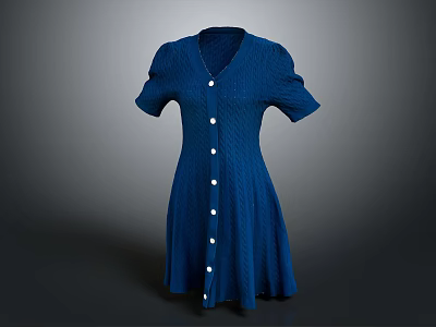 Blue V Neck Short Sleeves Pleated Dress With White Buttons Elegant Fit 3d model