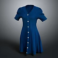 Blue V Neck Short Sleeves Pleated Dress With White Buttons Elegant Fit