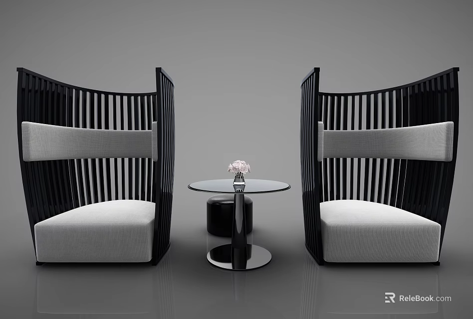 Modern Leisure Sofa Set with Curved Black Frame Light Gray Cushions and Round Coffee Table 3d model 