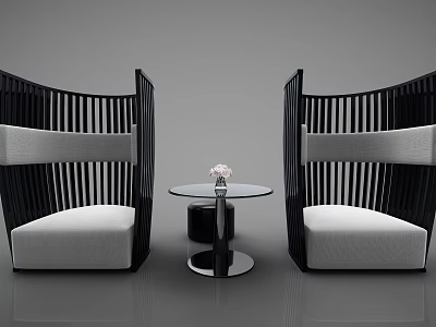 Modern Leisure Sofa Set with Curved Black Frame Light Gray Cushions and Round Coffee Table 3d model