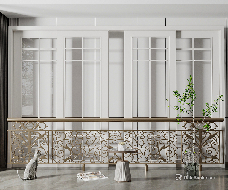 Golden Carved Fence With White Sliding Doors Curtains Small Round Table Green Plant Ornaments 3d model 