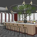 Modern Cafe Interior With Circular Ceiling Wooden Bar Counter Green Plants And High Stools