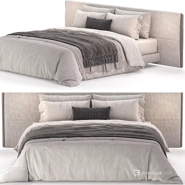 Modern Double Bed With Upholstered Headboard Linen Bedding And Soft Throw Blanket 3d model 