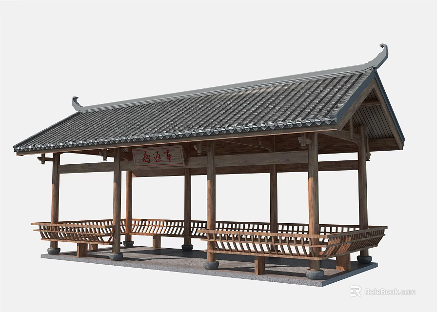 Traditional Chinese Garden Pavilion With Wooden Structure Tile Roof And Benches 3d model 