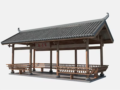 Traditional Chinese Garden Pavilion With Wooden Structure Tile Roof And Benches 3d model