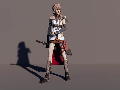 Anime Game Character With Pink Hair White Top Brown Skirt And Long Boots Holding Weapon 3d model
