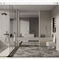 Modern Bathroom Interior Featuring Open Glass Shower Large Mirror Grey Patterned Tiles And Toilet