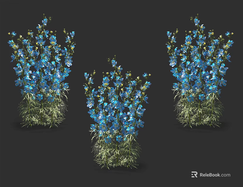 Three Clusters of Vibrant Blue Flowers with Green Foliage on Dark Background 3d model 
