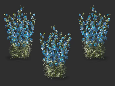 Three Clusters of Vibrant Blue Flowers with Green Foliage on Dark Background 3d model
