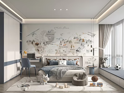 Modern Kids Bedroom With World Map Mural And Toys 3d model