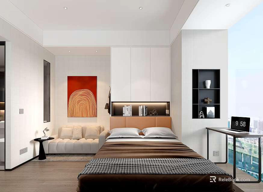 Modern Apartment Bedroom Design With Reddish Brown Painting White Cabinets Sofa And Bookshelf Window View 3d model 