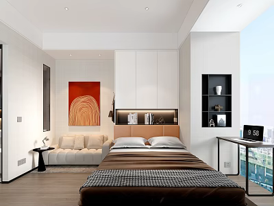Modern Apartment Bedroom Design With Reddish Brown Painting White Cabinets Sofa And Bookshelf Window View 3d model