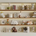 Decorative Ornament Set with Animal Figurines Cloud Decor Photo Frames and Books on Lit Shelves