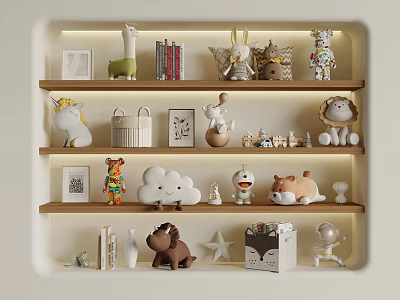 Decorative Ornament Set with Animal Figurines Cloud Decor Photo Frames and Books on Lit Shelves 3d model