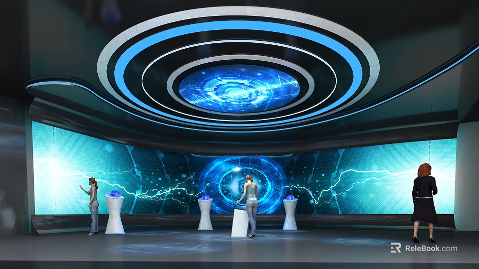 Futuristic Exhibition Hall With Circular Blue Ceiling Lights And Surrounding Lightning Pattern Screens 3d model