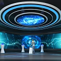 Futuristic Exhibition Hall With Circular Blue Ceiling Lights And Surrounding Lightning Pattern Screens 3d model