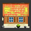 Cute Cartoon House With Orange Roof Brown Door Blue Windows White Walls And Green Bush