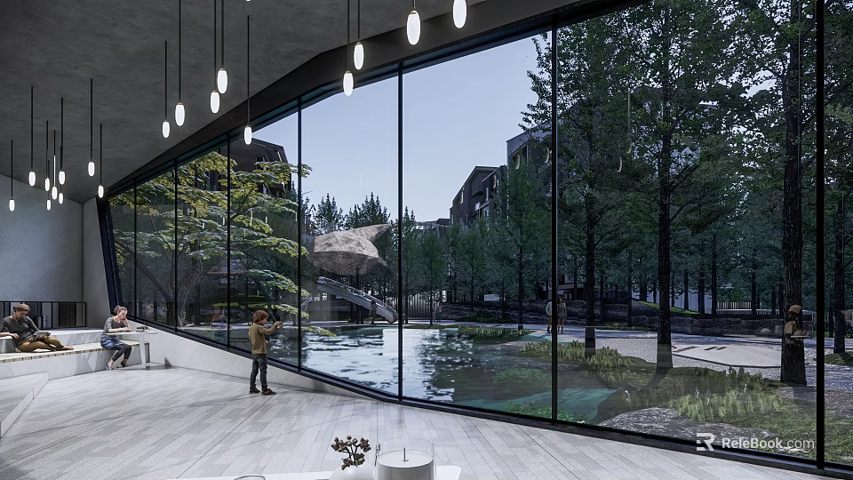 Residential Landscape View From Indoor Large Glass Windows With Trees Pond And Stone Arch Bridge 3d model 