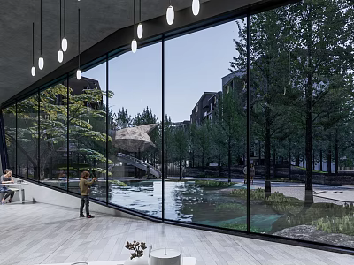 Residential Landscape View From Indoor Large Glass Windows With Trees Pond And Stone Arch Bridge 3d model