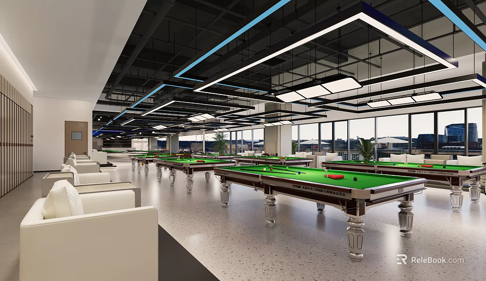 Modern Spacious Billiard Room Interior With Multiple Billiard Tables White Sofas And Large Windows 3d model 