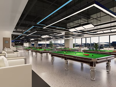 Modern Spacious Billiard Room Interior With Multiple Billiard Tables White Sofas And Large Windows 3d model