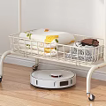 Standing Clothes Rack with Hanging Shirts Striped Tops and Storage Basket Near Curtain and Woven Stool
