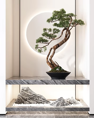 Bonsai Tree with Curved Trunk in Black Pot on Marble Shelf and Round Illuminated Background 3d model