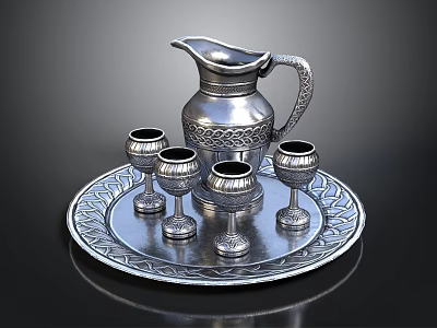 Silver Pitcher and Goblets Set on Ornate Tray with Intricate Patterns for Home Use 3d model