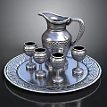 Silver Pitcher and Goblets Set on Ornate Tray with Intricate Patterns for Home Use