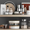 Organized Modern Kitchenware On Shelves With Jars Plates Coffee Maker And Mixer