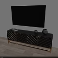 Modern Black TV Stand With Geometric Pattern Doors Gold Legs And TV On Top