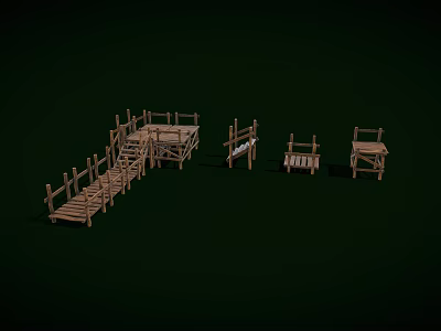 Wooden Stairs With Railings Platforms And Different Length Segments 3d model