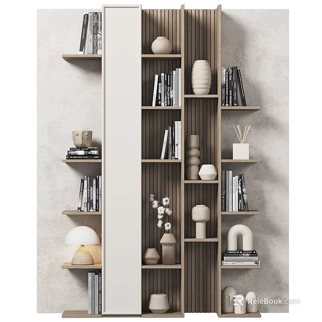 Modern Minimalist Decorative Ornaments Set on Wooden Bookshelf with Books Vases and Sculptures 3d model 
