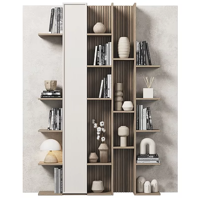 Modern Minimalist Decorative Ornaments Set on Wooden Bookshelf with Books Vases and Sculptures 3d model