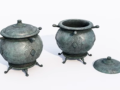 Antique Bronze Ornamental Decor Set Featuring Carved Patterns And Footed Bases With Lid And Lidless 3d model
