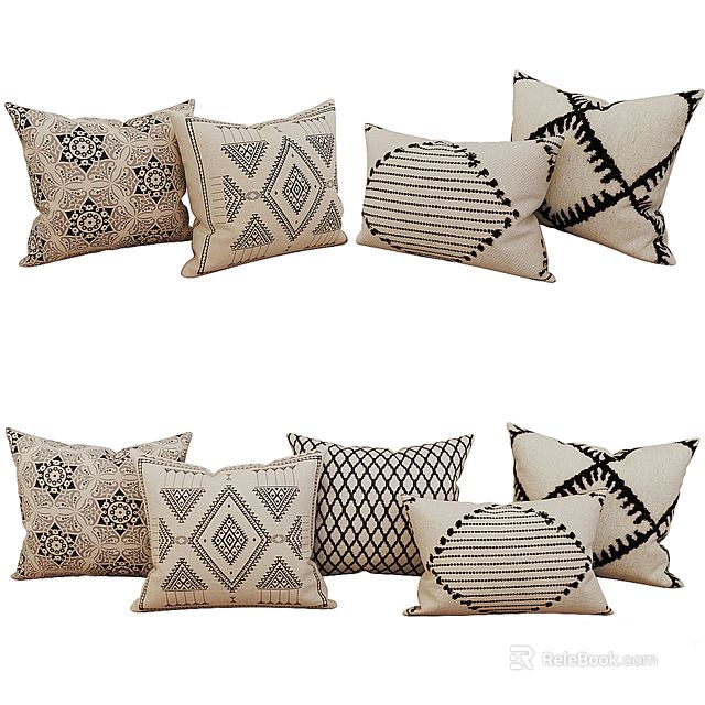 Stylish Black and White Decorative Pillows with Geometric Striped and Patterned Designs for Home Sofa 3d model 