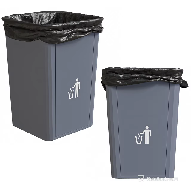 Two Gray Home Garbage Bins with Black Trash Bags and White Disposal Icons 3d model 