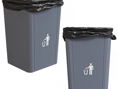 Two Gray Home Garbage Bins with Black Trash Bags and White Disposal Icons 3d model