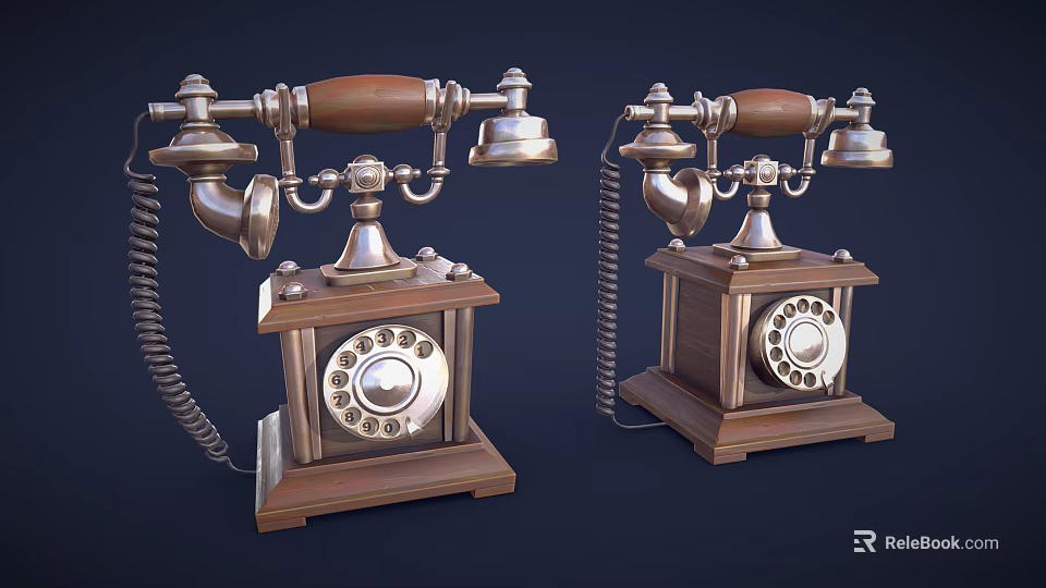 Two Vintage Telephones With Wooden Bases And Metal Rotary Dial Design 3d model 