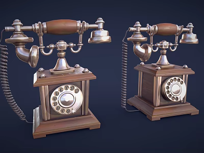 Two Vintage Telephones With Wooden Bases And Metal Rotary Dial Design 3d model