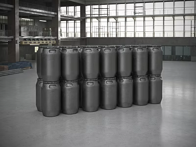 Industrial Equipment Metal Drums Stacked In Large Factory Warehouse Interior 3d model