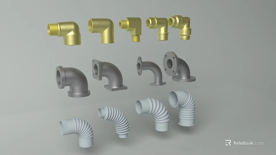 Different Types of Pipe Fittings Including Gold Gray White Elbows and Connections 3d model 