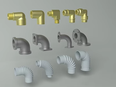 Different Types of Pipe Fittings Including Gold Gray White Elbows and Connections 3d model