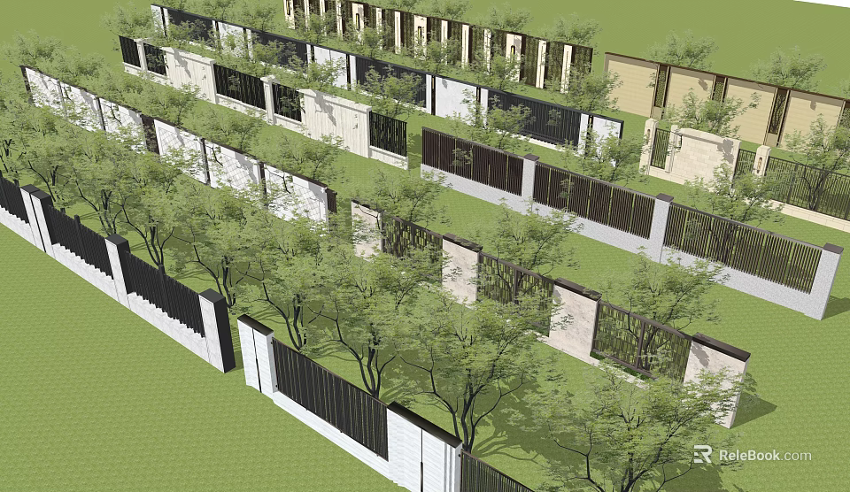 Neatly Arranged Garden Wall With Green Trees And White Black Panels Outdoor Landscape Design 3d model 