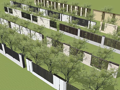 Neatly Arranged Garden Wall With Green Trees And White Black Panels Outdoor Landscape Design 3d model